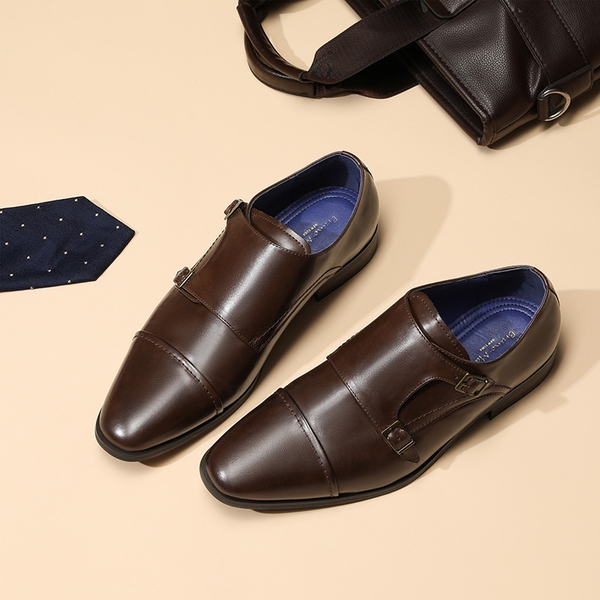 Men's Wide Monk Strap Oxford Shoes - BROWN - 8